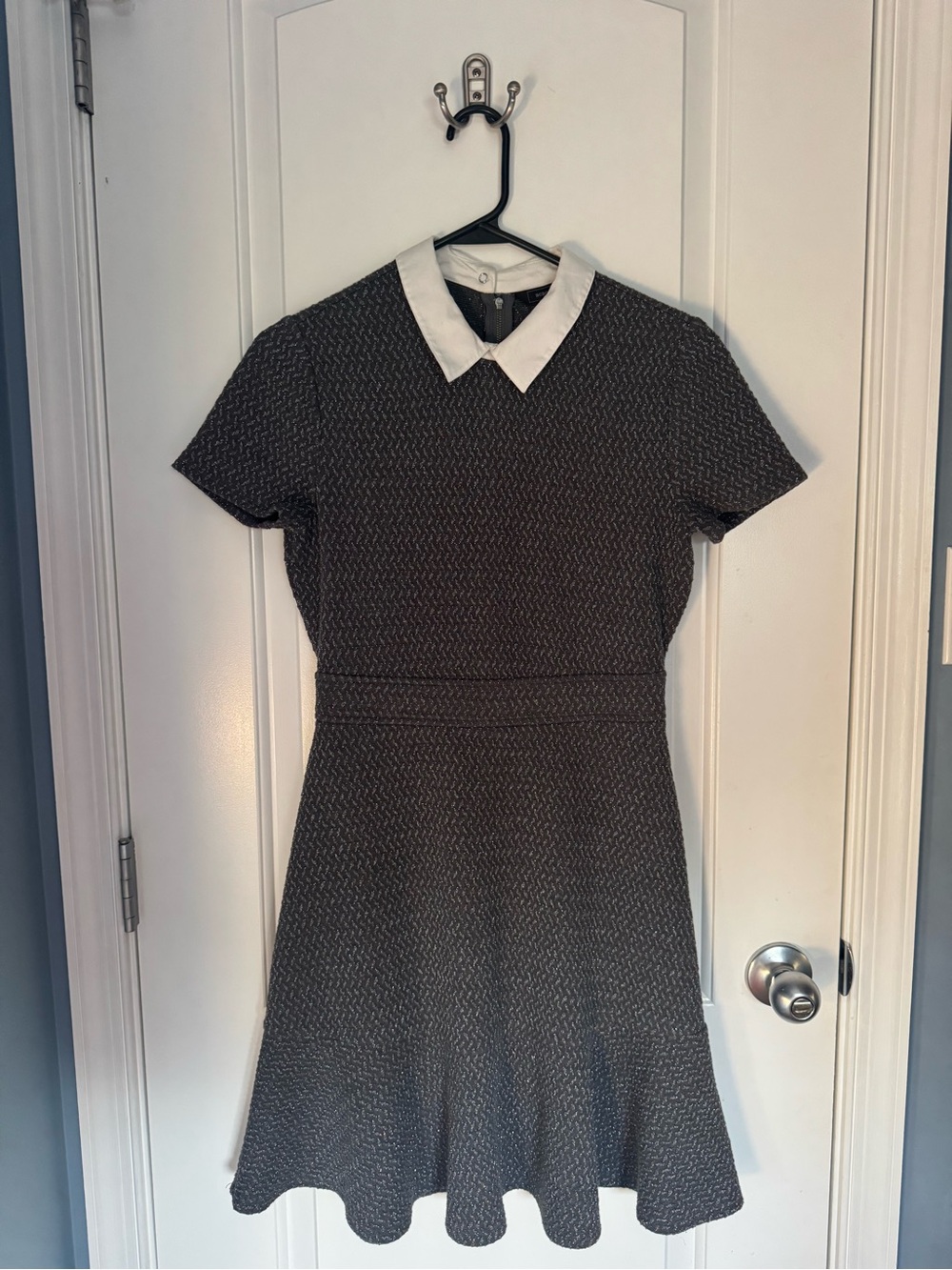 BCBGMaxAzria Charcoal Grey Textured Fit-and-Flare Dress with White Collar